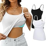 V FOR CITY Camisole with Buil in Bra for Women Cotton Long Vest Tops with Shelf Bra Adjustable Cami Tank Tops Black & White L