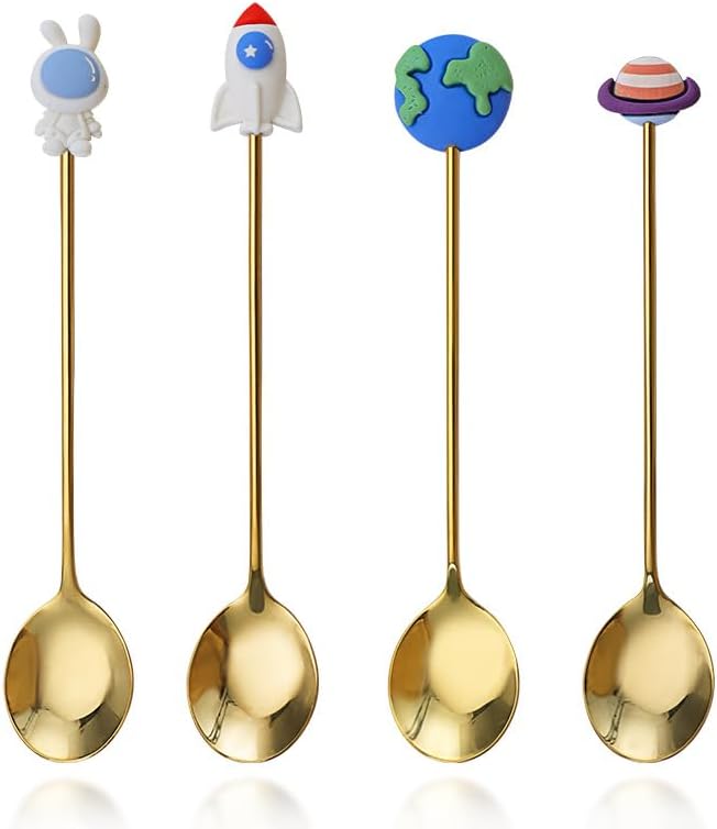 Silverware Flatware Set, 4/16/24/32 Piece 304 Stainless Steel Dessert Spoon Cute Cartoon Aviation Household Ice Cream Spoon Stirring Coffee Spoon with Box (Color : Gold, Size : 4Set-16Pcs