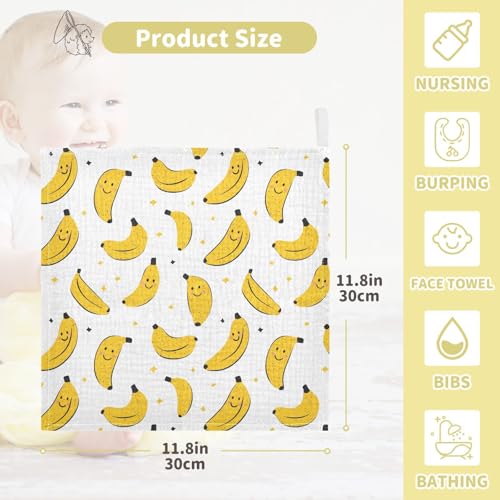Image of vvfelixl Banana with Smile Baby Burp Cloths Baby Muslin Washcloths for Boys Girls Cotton Babys Face Towel for Newborn Infants Soft and Absorbent 11.8 X 11.8 in, 5 Pack