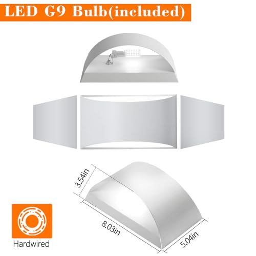 Image of Wall Sconces Set of 2 - Up and Down White Hardwired Interior Wall Lights for Living Room, Bedroom, Hallway. White 6000K with G9 Bulbs.