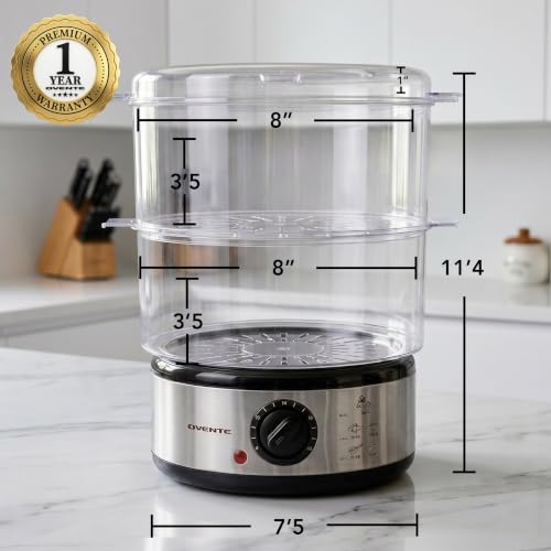 Image of OVENTE 2-Tier Electric Food Steamer, 5 Quart Stainless Steel Stackable Steam Cooker with 400W Power, 60-Minute Timer & Auto Shut-Off, Dishwasher Safe, Healthy Vegetable & Seafood Steamer, Silver FS62S