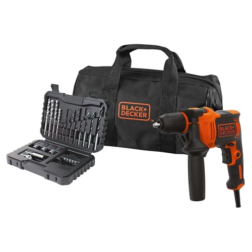 BLACK+DECKER Taladro percutor con cable 710W, acción percutora de alto rendimiento, velocidad variable, incluye 32 accesorios en bolsa blanda, BEH710SA32-QS
