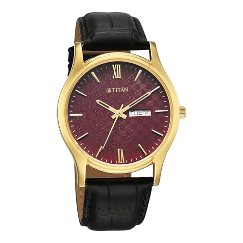 Image of Titan Karishma Regal Classic Day-Date Green Dial Black Leather Men's Dress Watch - 10059YL03