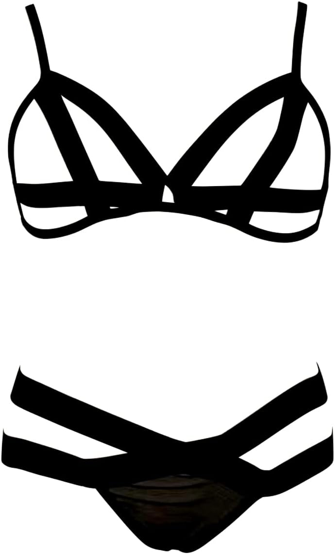 Strappy Bra and Panty Set 2 Piece for Women Sexy Strappy Lingerie Body Harness Cage Bralette Mesh Underwear Bikini