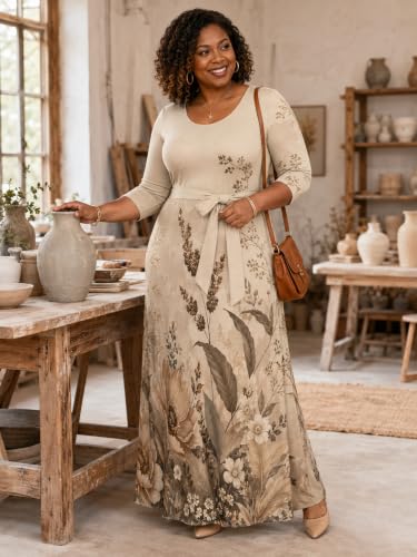 Image of PinkPatty Women's Plus Size V Neck 3 /4 Sleeve Boho Maxi Dress with Pockets