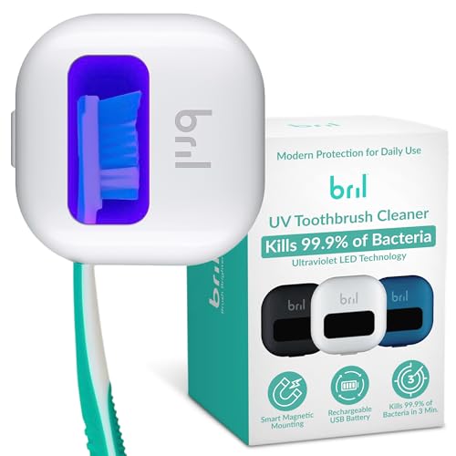 Bril UV-C Toothbrush Cleaner and Holder – Wall Mounted Toothbrush Head Cover, Electric & Manual Brush Cleaner Cover Case with Magnetic Mount, Portable, Durable, Rechargeable, Universal Fit – White