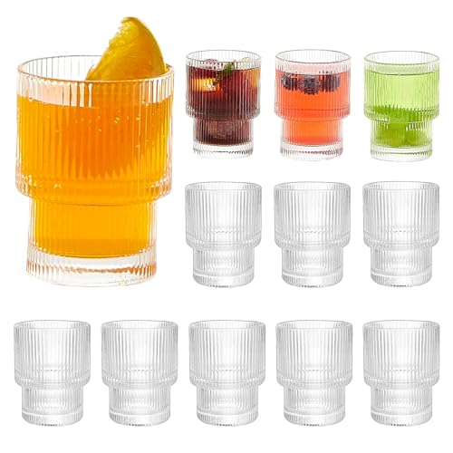 HIGSPE 200ml Vasos de Cristal Agua, 12pcs Vaso Acanalados, Apilables Vasos Cafe, Ondulados Estilo Origami Vintage, Juego de Vasos Agua para Cocktail, Cerveza, Batidos, Whisky