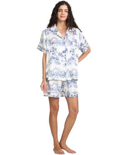 Image of YiNi LuLu Womens Silk Satin Shorts Pajamas Set Button Down 2 Piece Pjs Short Sleeve Oversized Sleepwear with Pockets