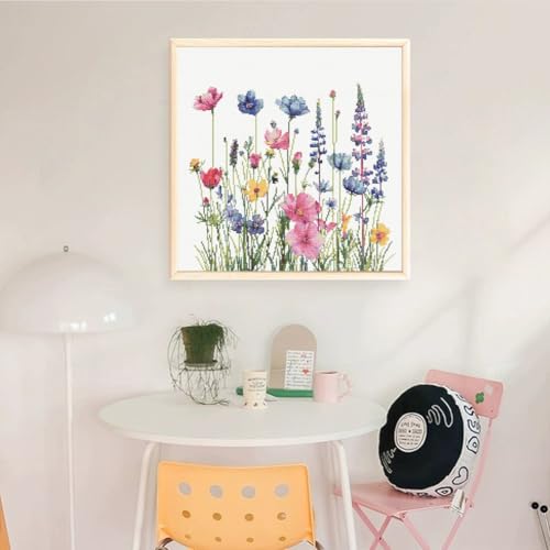 Image of KYOQFVN Flower Stamped Cross Stitch Kits for Adults，11CT Needlepoint Counted Cross Stitch Kits for Beginner，Printed Dimensions - Embroidery Kit Arts and Crafts 14x14 Inch