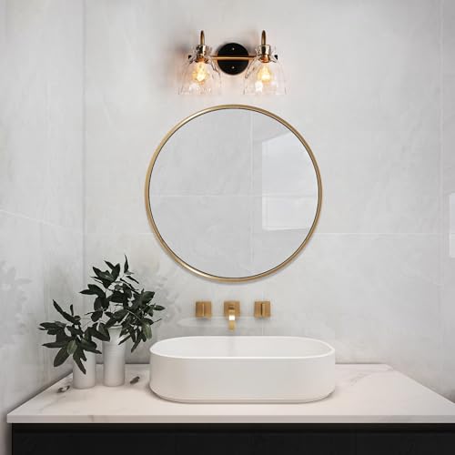 Image of KSANA Modern Bathroom Vanity Lights, 2 Light Vanity Light Fixtures for Bathroom Black and Electroplated Brass Finish Mid-Century Wall Lamps with Water Ripple Glass