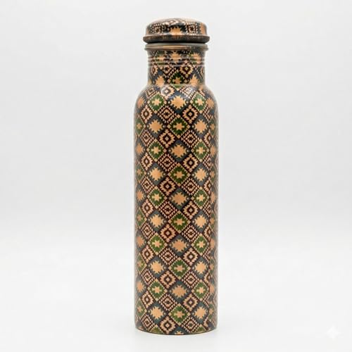 Image of VIRGIN Foodgrade 99.9% Pure Copper Water Bottle- Leakproof, Joint Free, No Lead, BPA-Free - Ayurvedic Health Benefits- Made in India - Traditional Boho Print (950 mL)