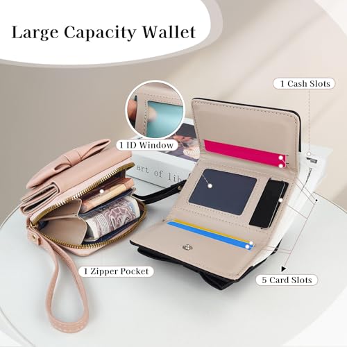 Small Wallet for Women, Trifold PU Leather Wallets with Zipper Coin Pocket and Multiple Card Slots, Cute Bow Credit Card Holder Coin Purse with Wrist Strap (Pink)4