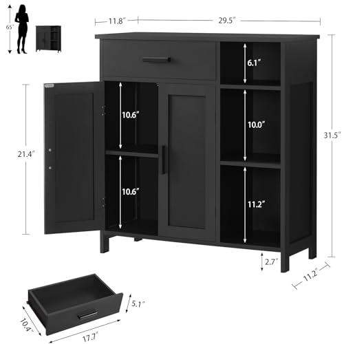 FIONESO Storage Cabinet, Floor Cabinet Wooden Storage Organizer, Coffee Bar Cabinet with 2 Doors and 3 Shelves, Cupboard for Entryway/Living Room/Bathroom, Black - Thumbnail 3