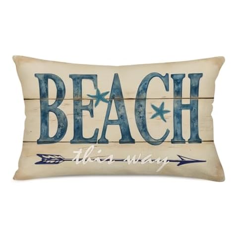 Royalours Pillow Covers Summer Beach Wood Grain with Starfish Flip Flop Landscape Decorative Pillow Covers Cotton Linen Throw Pillow Case Cushion Cover 12 X 20 Inches Summer Holiday Time (ROL15) Cover