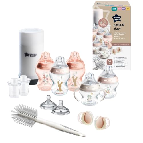 Image of Tommee Tippee Natural Start 14 Piece Baby Bottle, Travel Bottle Warmer & Pacifier Set, 5 BPA Free Bottles, 0+ Months, 2 Newborn Pacifiers, 2 Extra Nipples, 2 Formula Dispensers, Bottle Brush, Pink
