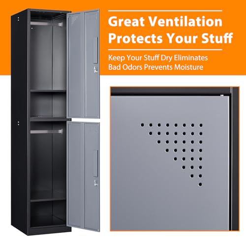 Image of Metal Locker with 2 Doors, 71 inch Storage Lockers for Employees, Home, Office, Gym (Grey Black)