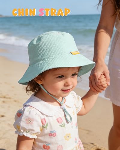 HONGTEYA Baby Sun Hat Toddler Boy Bucket Hat Kids Summer Beach Hat Wide Brim Sun Protection White/Lightblue — view 5