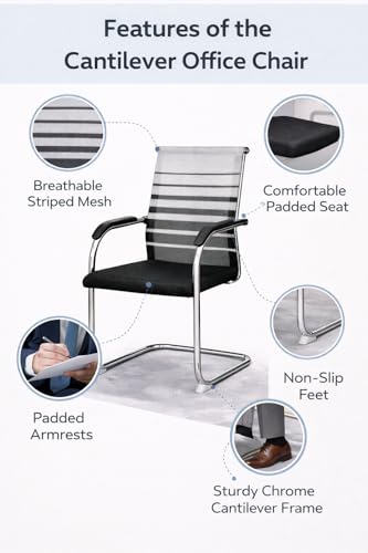 Image of TOBY Ergonomic Office Visitor Chair Set of 2 | Mesh Back Cantilever Chairs with Armrest | Metal Frame Waiting & Conference Chair for Office, Home & Reception (Grey /Black) (Need Insatllation)