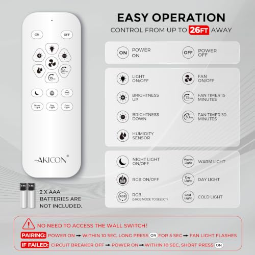 Image of Akicon Bathroom Exhaust Fan with Light & Humidity Sensor, 110 CFM 1.5 Sones Vent Fan with RGB Light, 3CCT Dimmable & Nightlight for Shower Room, Round, Black, No Wall Switch Required