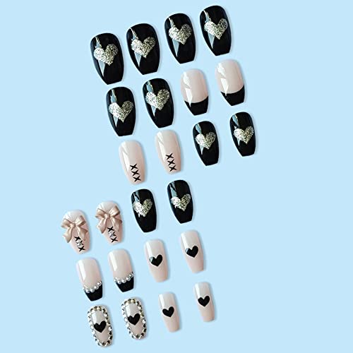 Stgdak French Press On Nails Coffin Glossy Silver-Black Love Bow False Nails Ballerina Full Cover Pearl Diamond Fake Nail Tips Acrylic Nail Art Diy Stick On Nails For Women 24Pcs #TOP3