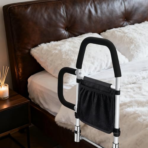Kaucytue Bed Rail for Elderly Adults, Safely Bed Assist Rails with 2 Grab Bars & Storage Pocket, Portable Adjustable Bed Guard Fall Prevention for Senior, Pregnant, Disabled