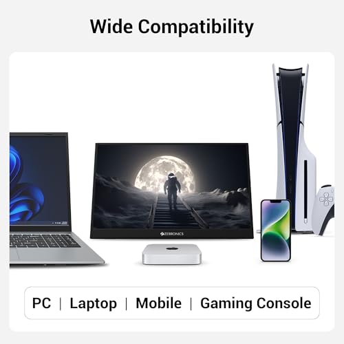 Image of ZEBRONICS Pixigo A16, 15.6 inch Portable Monitor, FHD 1080p, 180 Adjustable Stand, Lightweight, 16:9 Aspect Ratio, 300Nits, 16.7M Colors, Dual Input - Type C + Mini HDMI, Built-in Speakers