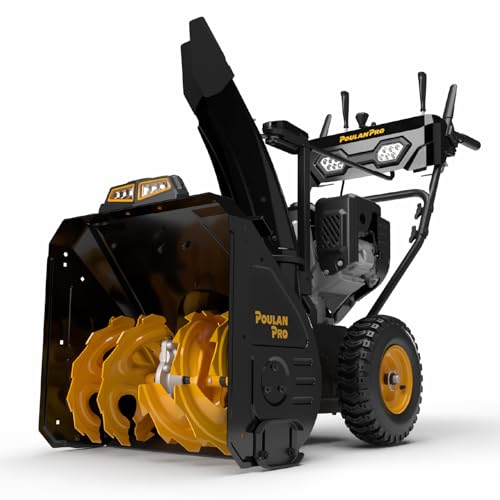 Poulan Pro PR241 24" Gas Snow Blower, 212cc, 2-Stage Electric Start Snow Thrower, Self-Propelled with 210° Remote Chute, 40ft Throwing Distance, Heated Grips, LED Lights, Steel Auger and 14" Tires
