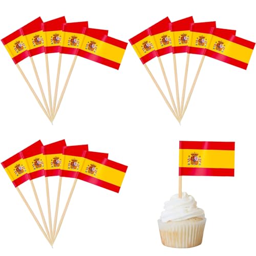 100 Stück Spanien Cocktail Stick Flaggen,Zahnstocher Flaggen,deko kuchen flagge für Obst Picker Papier Kuchen Topper Sticks,Klein Mini Zahnstocher für Europäische Meisterschaft,Olympische