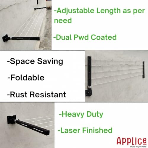 Image of APPLICE Metal Wall Mounted Foldable Cloth Drying Stand for Balcony - Heavy Duty 5 Layer (40 Feet Rope) | Wall Mount Cloth Drying Stand | Clothes Drying Hanger Stand (Black)