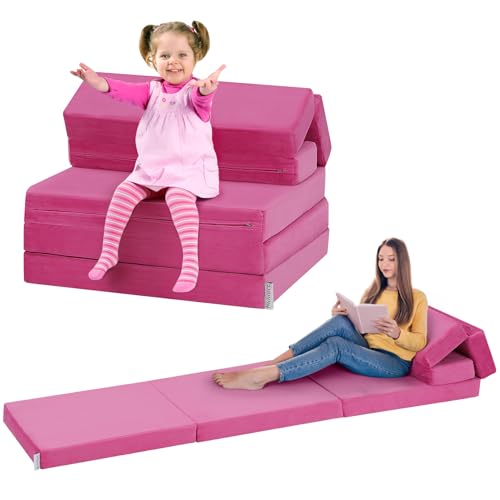Kidirect 2024 New Comfy Fold Out Toddler Couch, 6-in-1 Kids Folding Sofa Bed, Convertible Kids Sofa to Toddler Bed &Chair Lounger, Fold Up Floor Bed, Foldable Floor Mattress for Kids(Princess Pink)