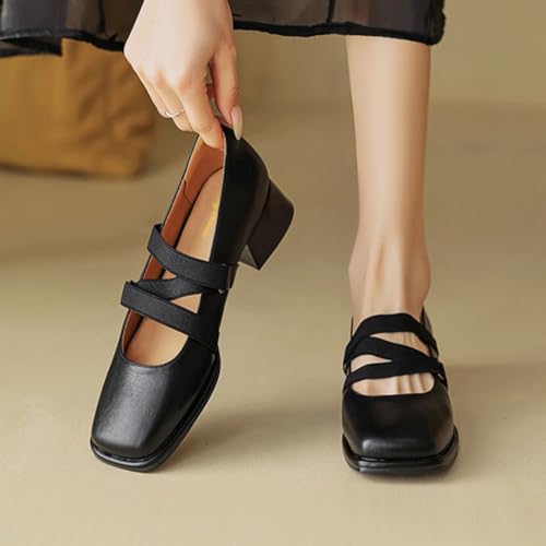 Tang'scuisins Women Square Toe Mary Jane Pumps Slip on Strappy Low Chunky Heels Comfortable Dress Party Ballet Shoes Size 4-16 US2