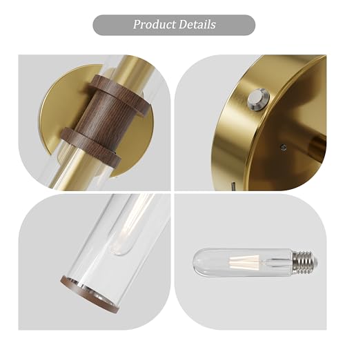 Image of Rayogale Gold & Walnut Wireless Battery Operated Wall Sconces with Remote | Glass Rechargeable Wall Lights Set of 2 with Timer Function Dimmable for Living Room Bedroom Emergency 3000K, 20.5 Inch