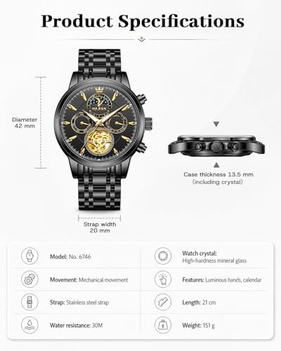 Image of OLEVS Automatic Watches for Men Luxury Dress Calendar Moon Phase Skeleton Mechanical Men's Watch Stainless Steel Waterproof Luminous Self Winding Wrist Watch Gold /Blue /Silver /Black Dial
