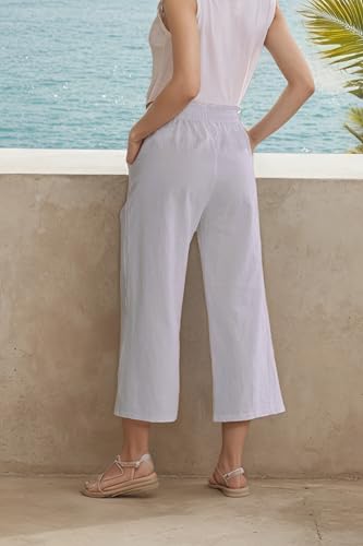 Image of LNX Womens Linen Capri Pants Wide Leg High Waisted Drawstring Casual Cropped Pants with Pockets