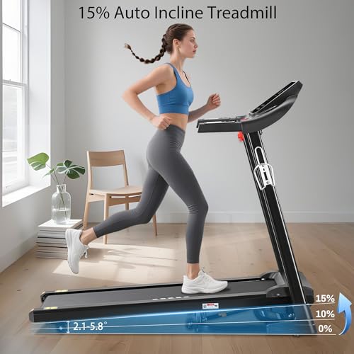 Image of Treadmill with 15% Auto Incline, Folding Running Machine 3.0HP, 300 lbs Capacity, 24 Programs, Shock Absorption, Bluetooth App, 8 MPH Treadmills for Home