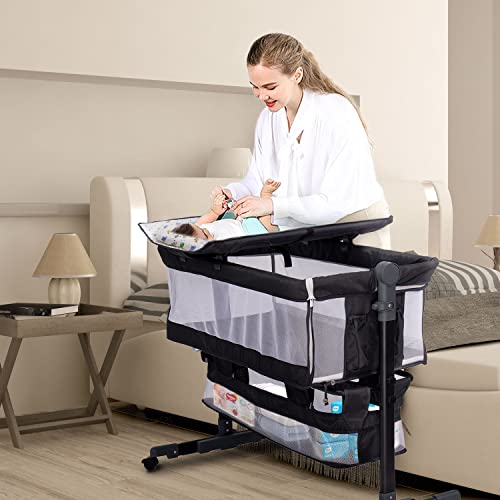 Image of Ascism Baby Bassinet Bedside Crib (Grey), 3 in 1 Baby Bassinet Bedside Sleeper with Mattress, Diaper Changing Table, Extra Storage, Portable Bassinet Crib for Infant, Mesh Sided Bedside Co Sleeper