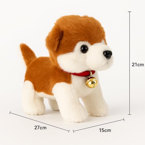 Image of Realistic Dog Plush Toy with Bell - 22cm Soft Stuffed Puppy for Kids | Cute Small Puppy Doll with Brown & White Fur for Boys & Girls
