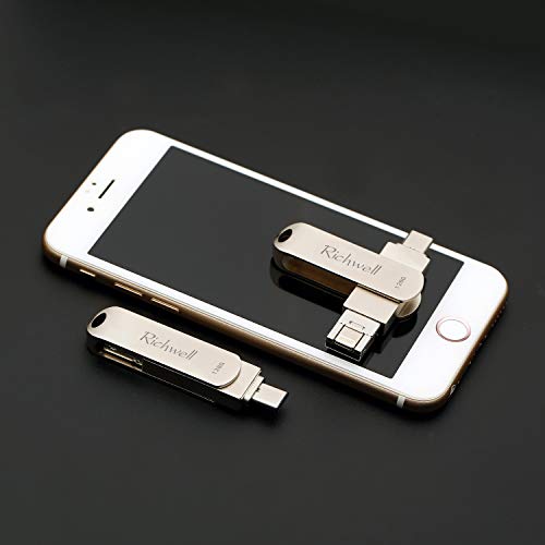 USB Flash Drives 128gb Memory Stick for iPhone Photo Stick USB C Thumb Drive 3in1 External Storage USB C Drive Richwell for Apple iPhone iPad iOS Mac Android USB Type C and Computers (Silver-DXZ128G)