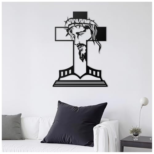 MDFUGEG Metal Cross Jesus Wall Decor-14.5x10.04in Black Religious Wall Art for Christian Catholic | Home Church Living Room Bedroom Decor, Baptism Mother's Day Religious Gifts