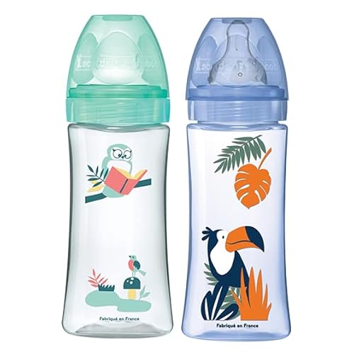 DODIE Anti-Colic Initiation+ Fläschchen (2 x 330 ml) - runder Sauger, Durchfluss 3, BPA-frei - + 6 Monate - Blau und Grün Pelikan und Eule Cover