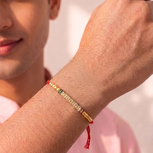 Image of Peora Om Shree Ram Swastik Rakhi for Brother Bhaiya | Crystal & Beads Studded | Red Thread | Raksha Bandhan Hamper with Roli Chawal Greeting Card
