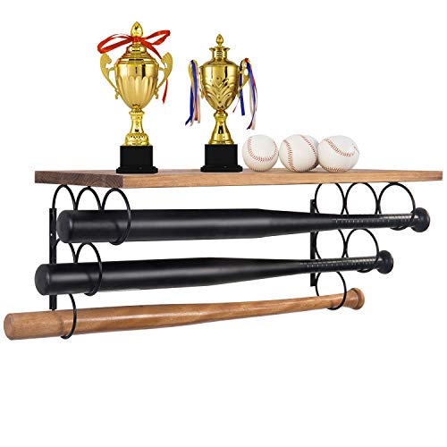 MyGift 27.5 Inch Wall Mounted Brown Wood Storage Shelf with 6 Metal Baseball/Softball