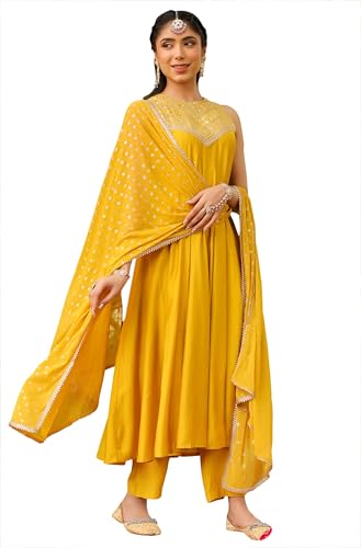 Image of Janasya Women Yellow Chanderi Silk Embellished Anarkali Kurta Set with Dupatta