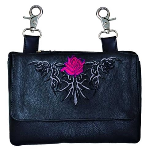 Derringer Women's Red Rose Cowhide Leather Clip-On Hip Bag - Classic Black