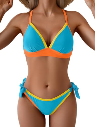 B2prity Two Piece Bikini Sets for Women V Neck Triangle Bathing Suit Sexy Tie Side Swimsuit Color Block Swimwear