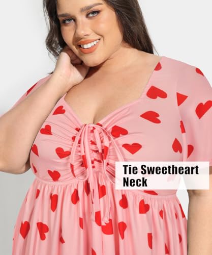 Image of CARCOS Plus Size Dresses for Curvy Women Tie Sweetheart Neck Summer Maxi Dress Short Sleeve Empire Waist Floral Boho Dress