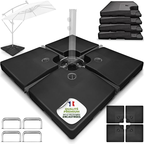 tillvex® Lestage & Dalles Carrées pour Parasol Déporté – Pied de Parasol 90 litres / 120 kg, 4 Pièces avec Connecteur Métallique | Base Remplissable...