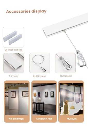 Image of Wall Art Hanging Rail,Picture Hanging Track,Picture Rail Hooks & Installation Hardware,Two of Steel Cables, Four of Hooks,Two of End Caps(Milk,100cm /39.37in)