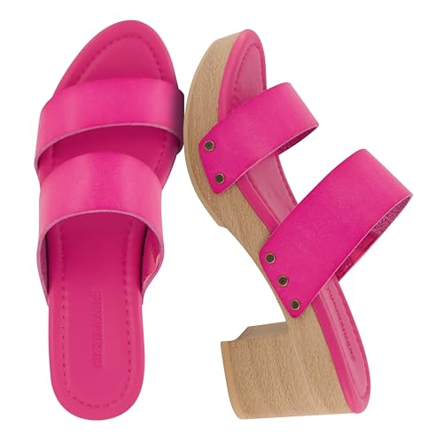 Image of CUSHIONAIRE Sky Platform Sandals for Women, Faux Wood Block Heel Slide with Comfort Foam Footbed and Vegan Leather Straps, Wide Width Available