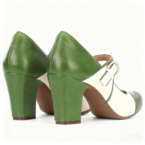 Image of SHODENSE Women Vintage Chunky High Heel Mary Jane Shoes Round Closed Toe Ankle Strap Dress Sandals 3 inch Block Heels Mary Jane Lolita Pumps Two-Toned Patchwork Buckle Office Lady Wedding Retro 4-11 M US